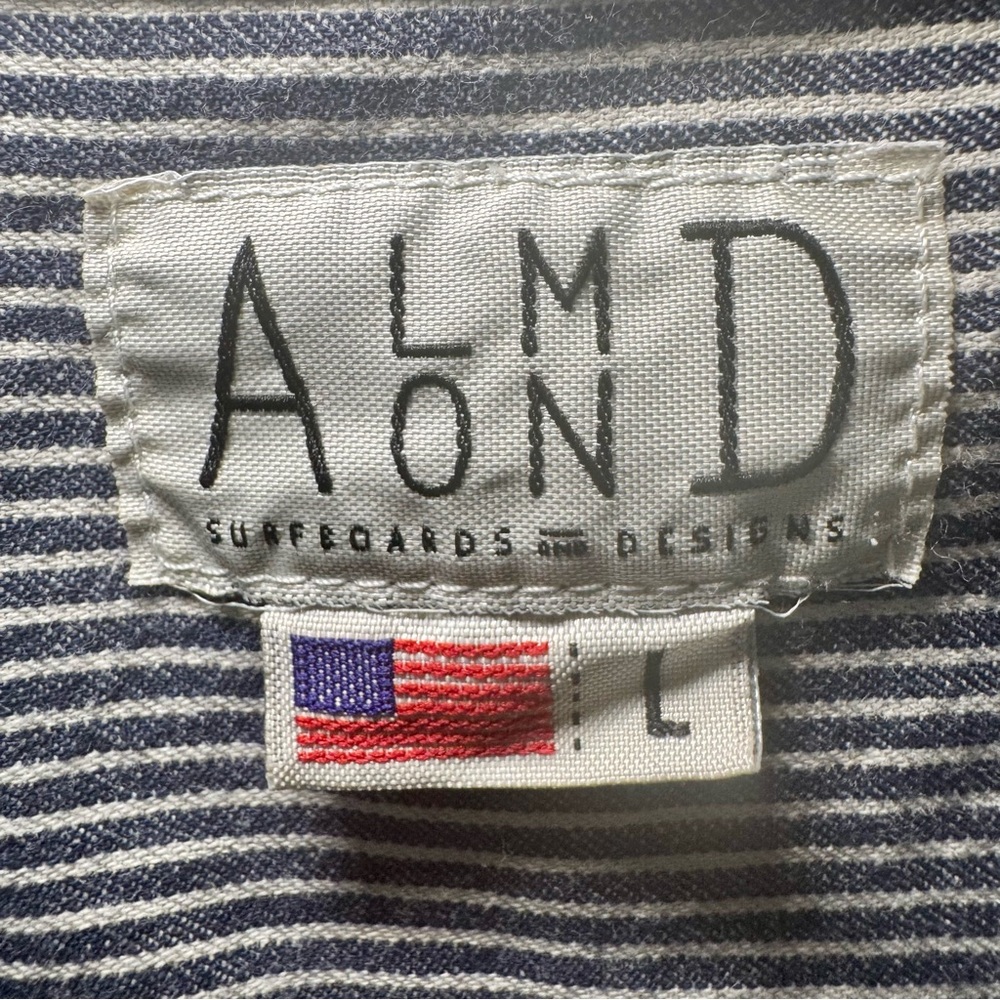 Almond Surfboards Men’s Long Sleeve Button Front Navy White Stripe Size Large - Picture 4 of 5